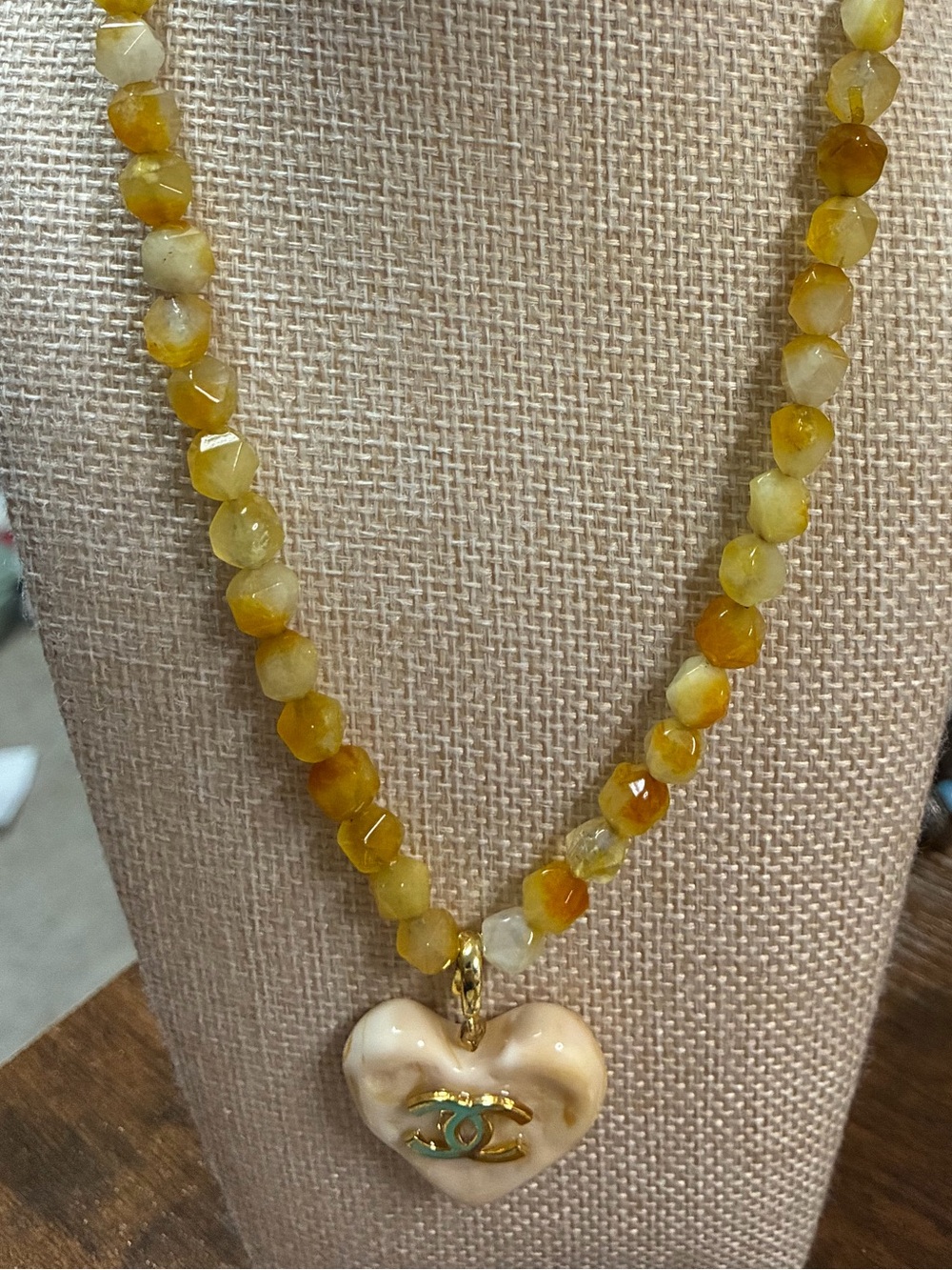 Yellow Natural Chrystal Necklace with Heart Pendant